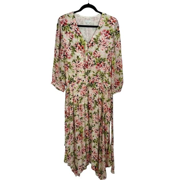 J Jill Womens Midi Dress Floral V Neck Tie Waist Cottagecore‎ Fairy Size M - Picture 2 of 13
